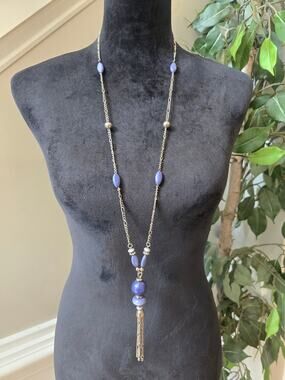 Purple Blue Beaded Long Gold Tone Chain Tassel Pendant Necklace